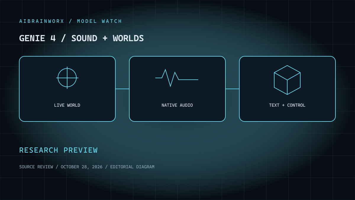 Editorial diagram connecting visual worlds, native audio and live instructions; not Genie 4 output