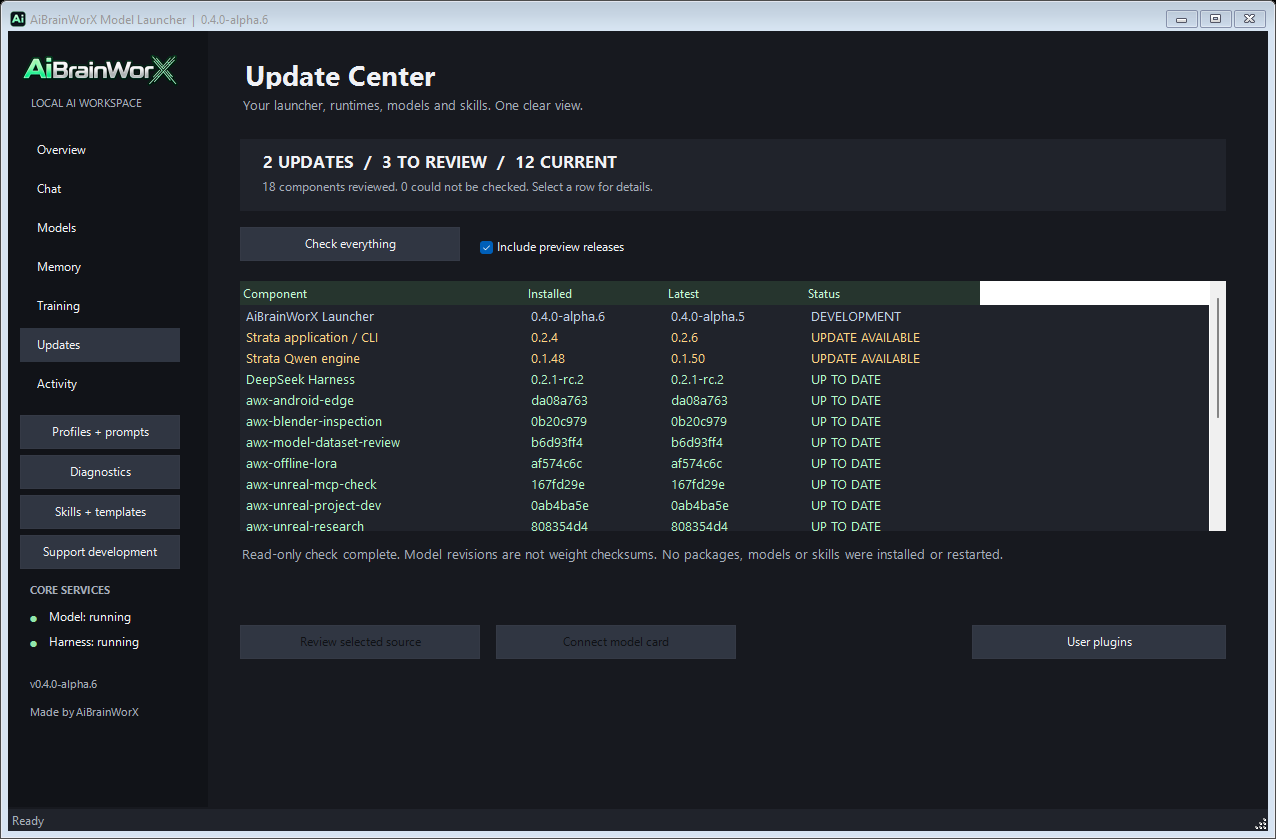 Actual Windows alpha.6 Update Center showing a historical component check.