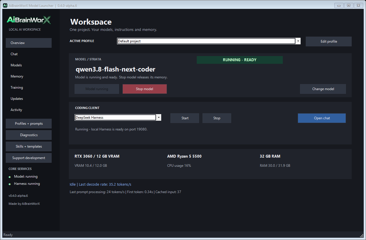Actual Windows alpha.6 launcher overview after an isolated setup test, showing model and DeepSeek Harness controls.