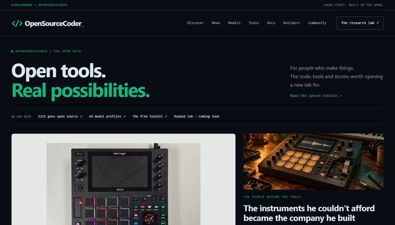Actual OpenSourceCoder homepage showing the new open-source desk and official Behringer KICK image